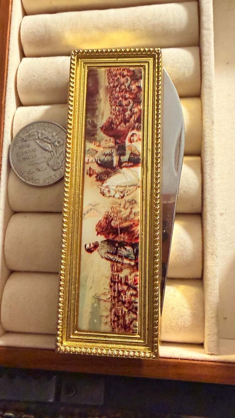 Vintage Gold-Tone Folding Pocket Knife/Or Letter Opener with Historical Scene Pr